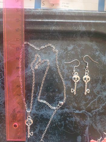 Chaine en acier inoxydable, pendentif et boucles d oreilles assorties.