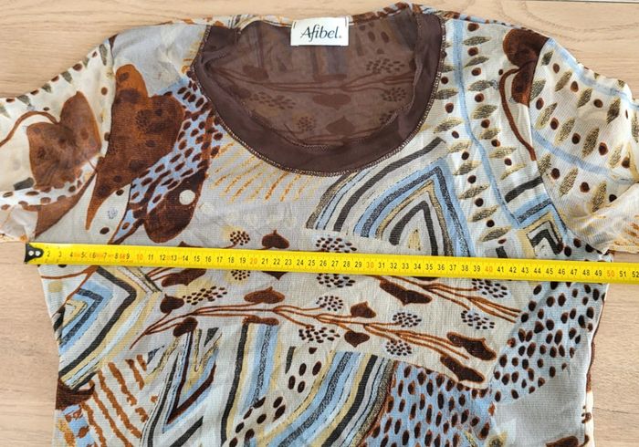 T-shirt blouse manches courtes à motifs marron bleu écru Afibel Taille 40 - photo numéro 11