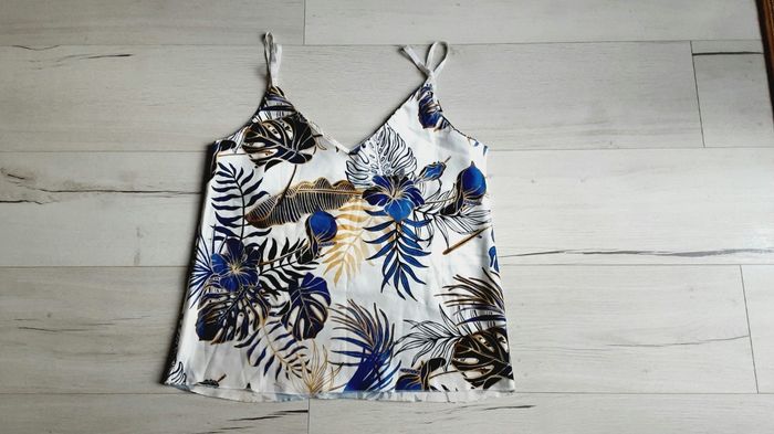 Vêtement femme top haut débardeur à bretelles blanc motifs feuilles Jade & me L / XL - photo numéro 3