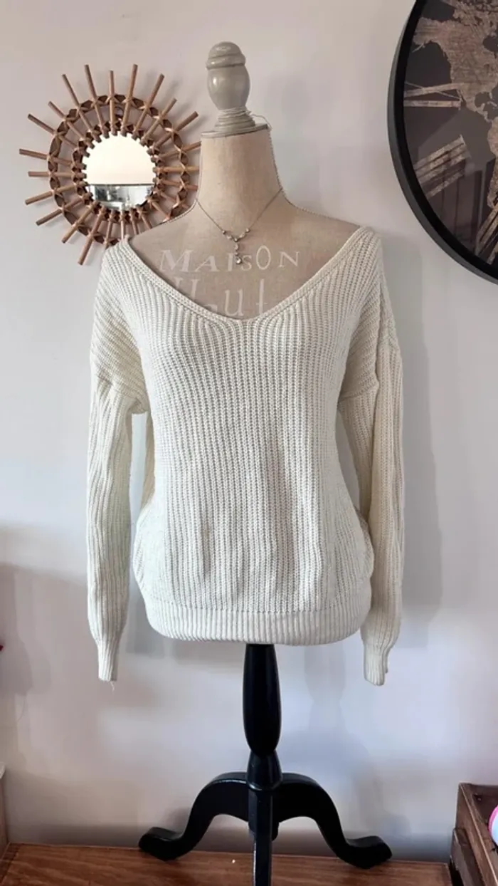 💕 pull crème côtelé dos dentelle taille 36 s - photo numéro 2