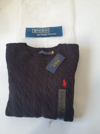 
NEUF Pull Polo Ralph Lauren Torsades Noir Clair Logo Rouge