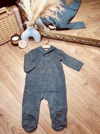 Taille 9 mois pyjama velours garçon TAO bleu marine et gris * rayures * 💙
