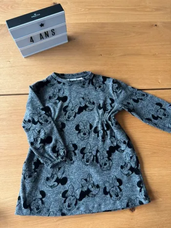 Robe ML fond gris dessins Minnie Mouse noir velours - Taille 4 Ans