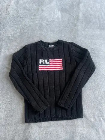 Pull noir Ralph Lauren USA Flag – côtelé Y2K – Taille XS femme