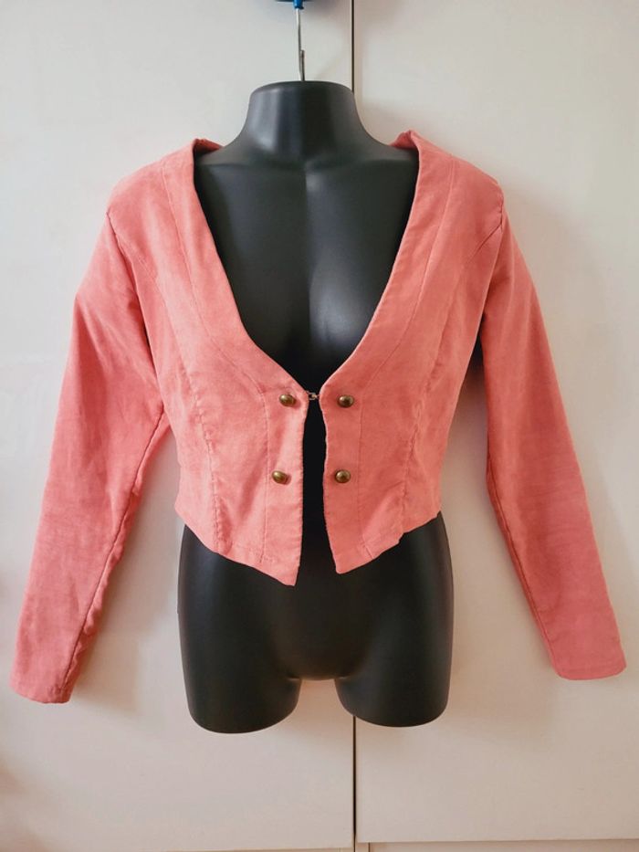 Veste coquette vintage taille XS 34 rose velours col V - photo numéro 2