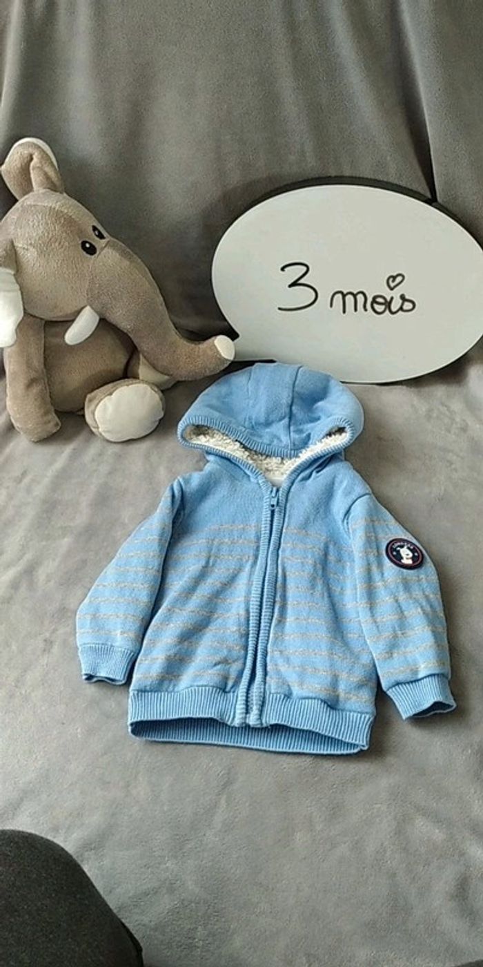 Gilet zippé bleu rayé gris fourré chaud Garçon 3 mois chien Londres Mes petits cailloux