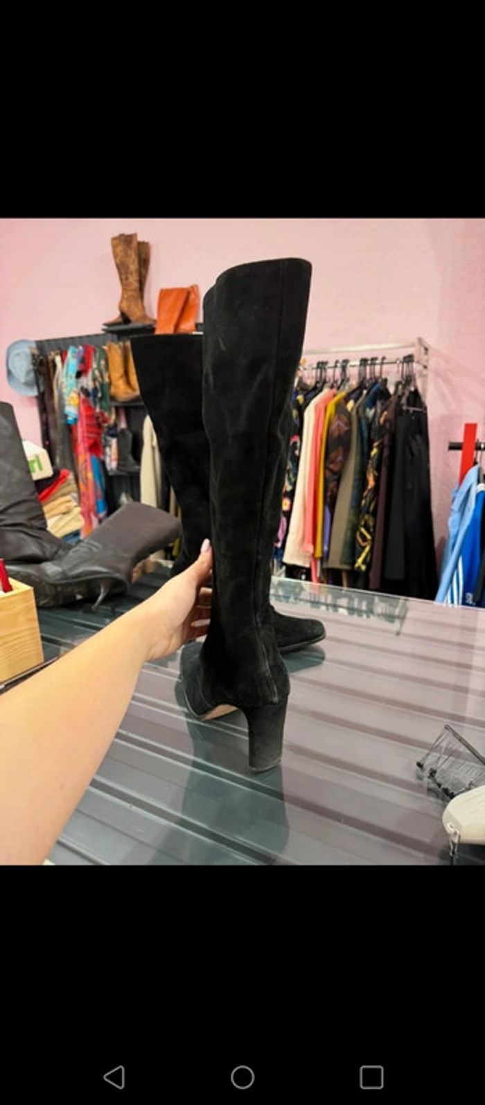 Bottes en daim cuir noir vintage talon carré - photo numéro 4