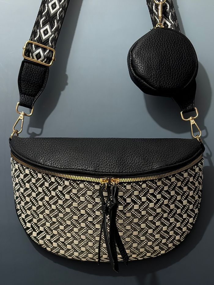 Grand sac banane - Noir - Bi-matière - femme | B