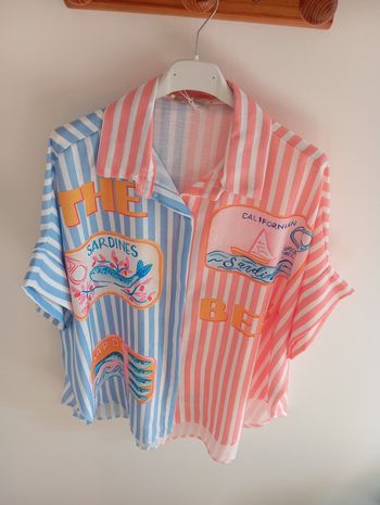 Chemise rose bleu rayé Californie lin taille L XL 