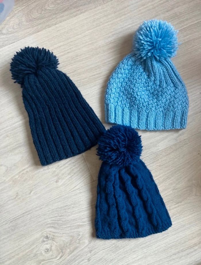Lot de 3 bonnets à pompons bleu ciel bleu marine 3 ans 4 ans 5 ans garçon fille hiver chaud tête - photo numéro 2