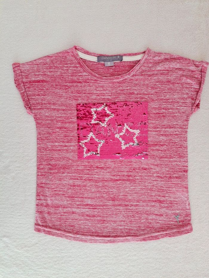 T-shirt manches courtes 6 ans Danskin rose fuschia chiné avec sequins réversibles - photo numéro 2