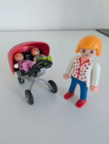 Playmobil lot vrac maman poussette double et jumeaux bébé fille et garçon