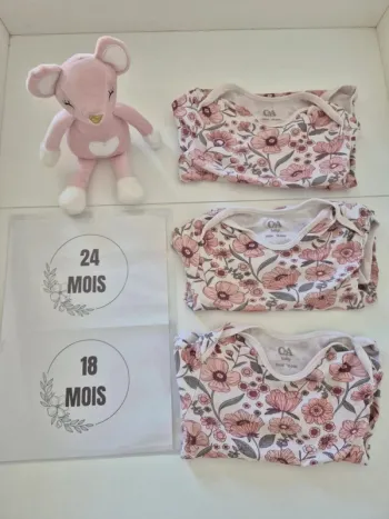 Lot de 3 body bodies 18 24 mois 92cm c&a rose fleuries