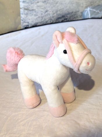 Petit Cheval Blanc Pattes Crinière Queue Bridon Roses Equidé Animal Peluche Petits Enfants Bébés