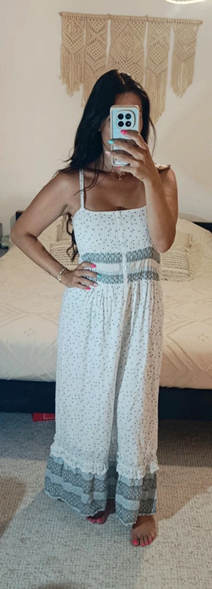 Robe longue d'été Kaffe 38 blanc fleuri bleu clair 100% coton champêtre