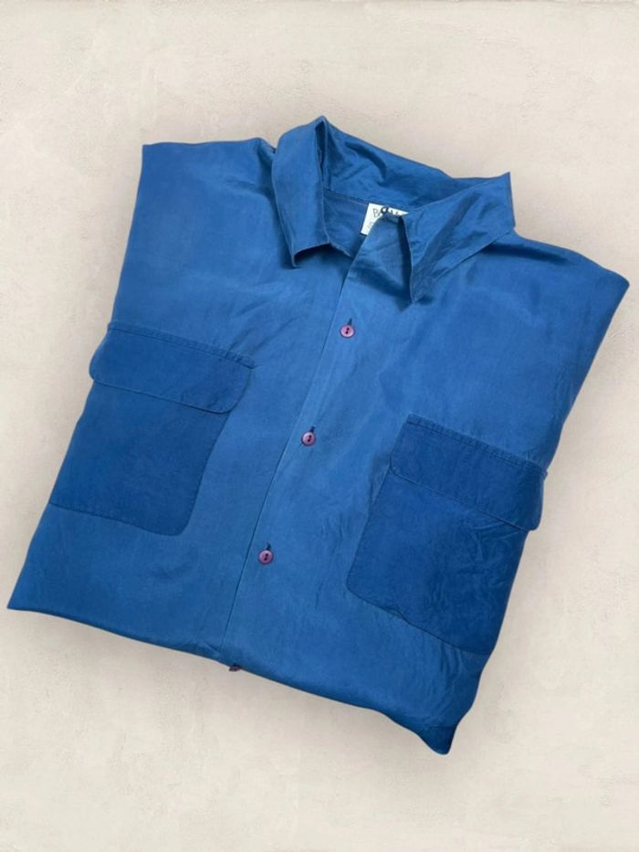 Chemise bleu 100% soie, Chemise vintage homme taille L (2720)