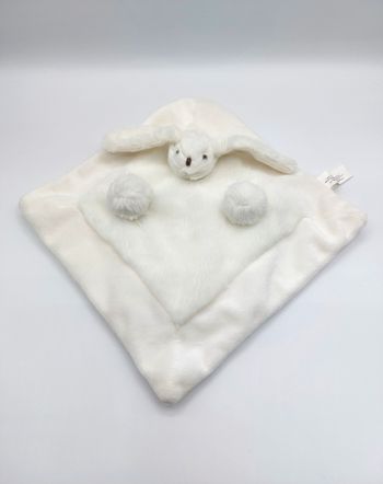 Doudou plat carré lapin blanc fourrure CADES pompons TTBE