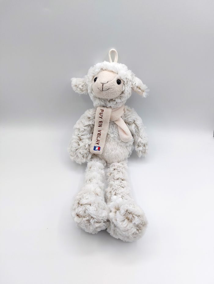 Peluche doudou mouton blanc beige chiné RODADOU RODA écharpe Puy en Velay 38 cm