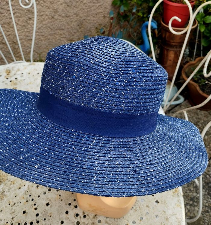 grand chapeau paille neuf taille unique bleu marine paillettes ruban cérémonie - photo numéro 2