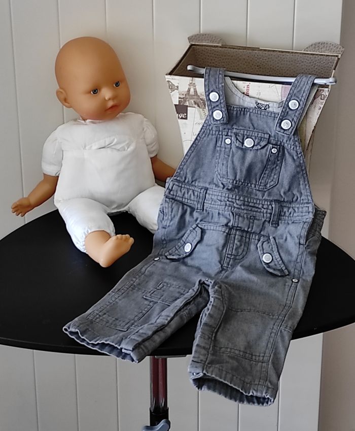 Salopette bébé garçon 6 mois – jean gris moucheté, doublée coton