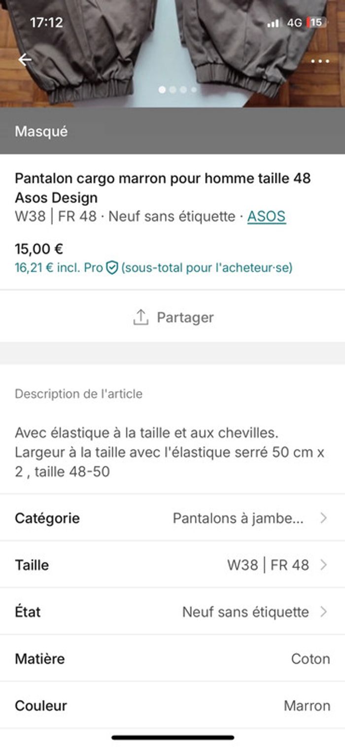 Pantalon cargo marron taille 48, asos design - photo numéro 5