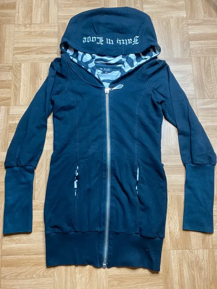 Veste à capuche zippée long noir intérieur zèbre vintage Faith Connexion