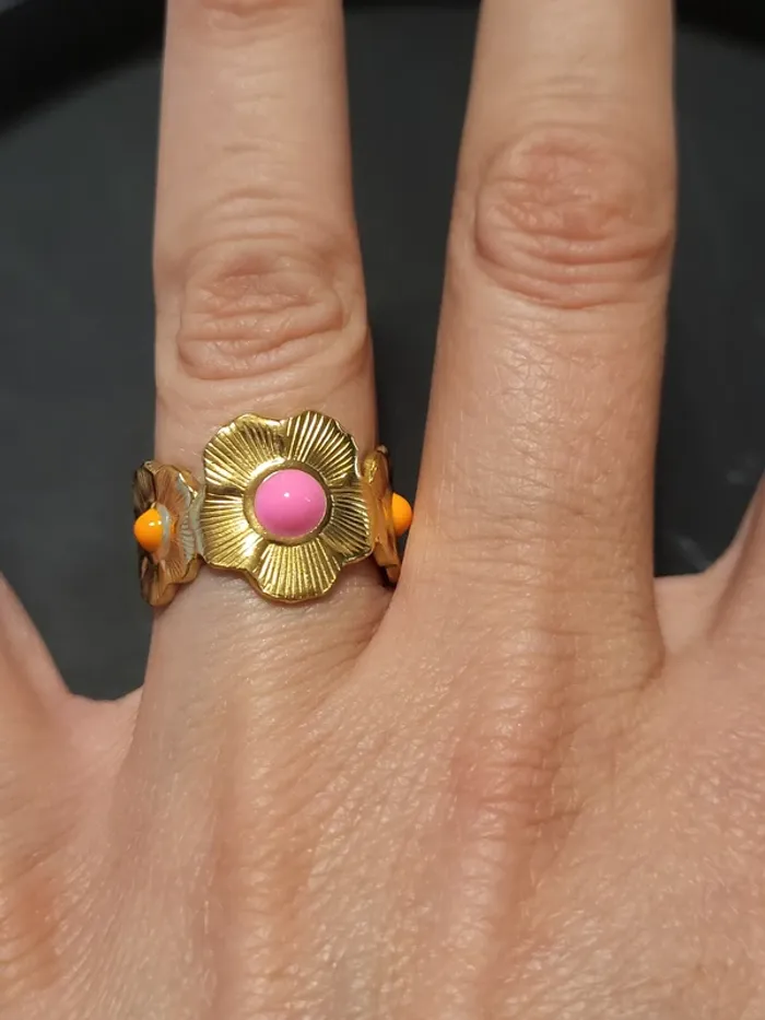 Bague acier inoxydable ajustable avec fleurs roses et oranges - photo numéro 4
