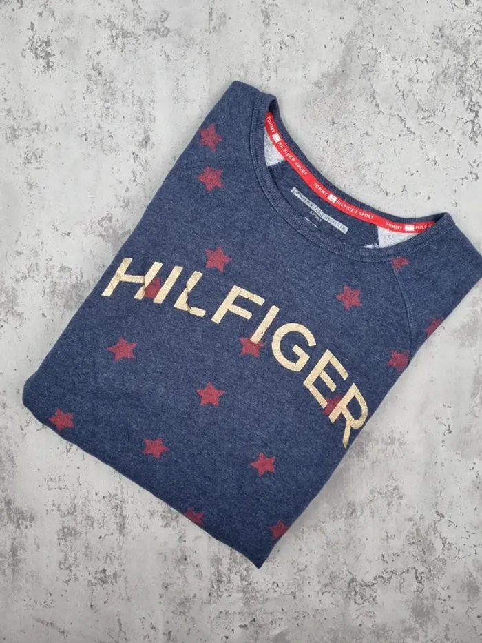 Sweat Tommy Hilfiger bleu à étoiles – Taille L Femme (mesures en photos)