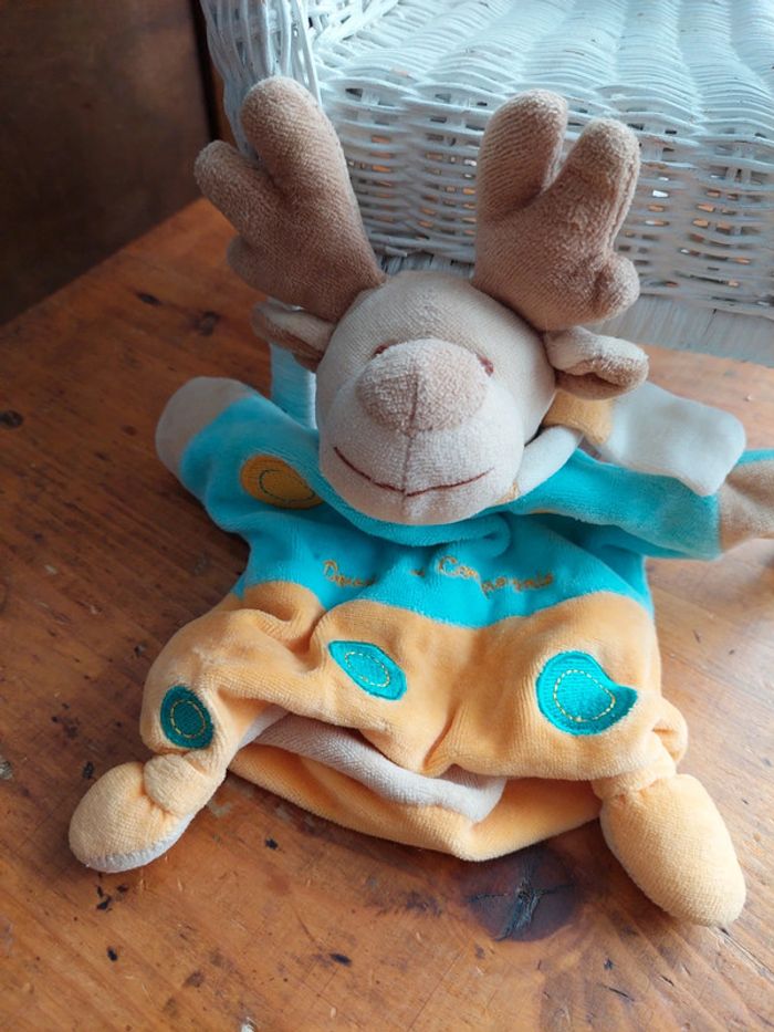 Doudou marionnette Rennes cerf turquoise et orange - photo numéro 3