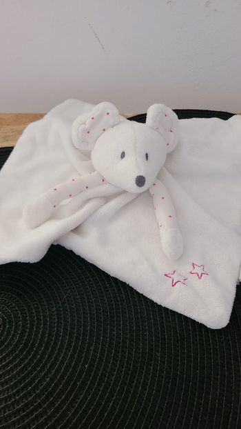 Doudou plat souris blanche étoiles rose OBAIBI