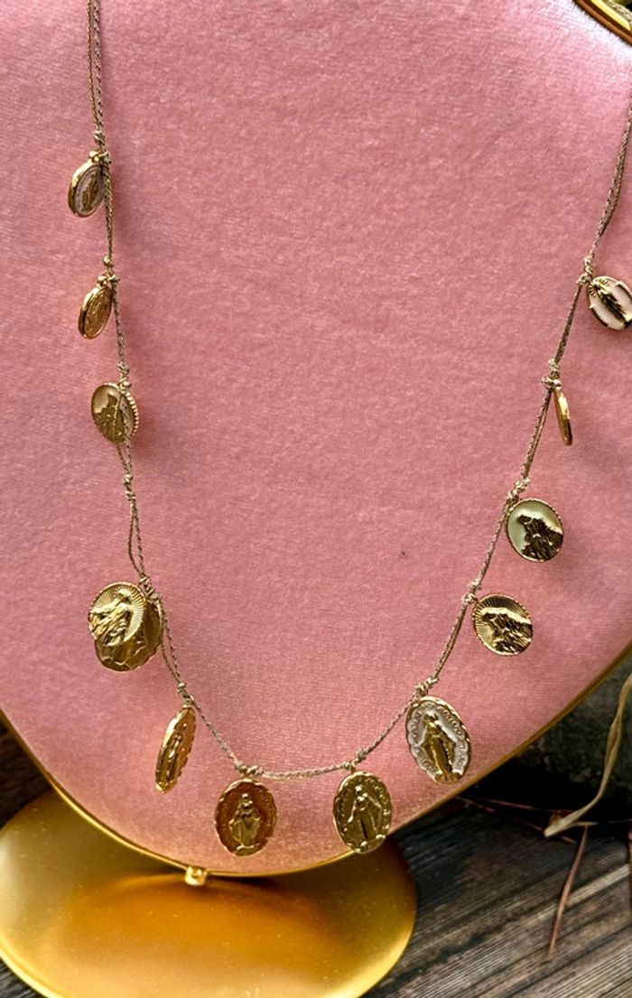 Collier Habaha paris réglable double cordon médailles acier inoxydable or vierges - photo numéro 2