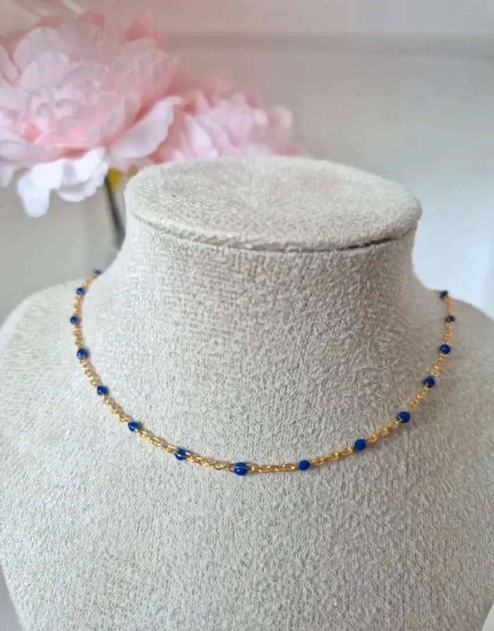 Collier ras du cou réglable 🌸 En acier inoxydable perles bleu