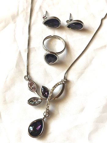 Parure Bijoux Feuillage Gouttes Violettes Strass Nature Bijoux Argentés Fantaisies Femmes