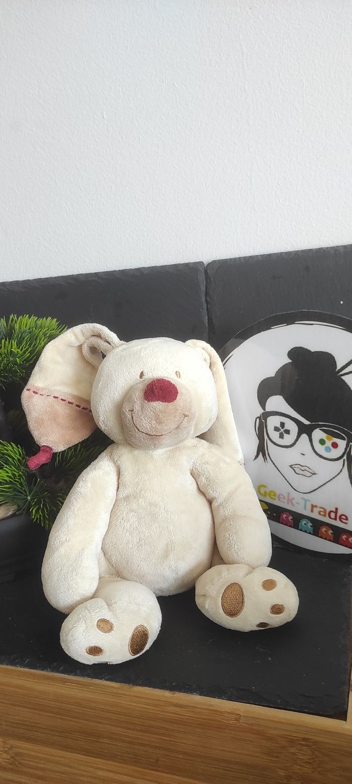 doudou peluche lapin bastien beige marron jaune rouge nicotoy ancien vintage pantin billes