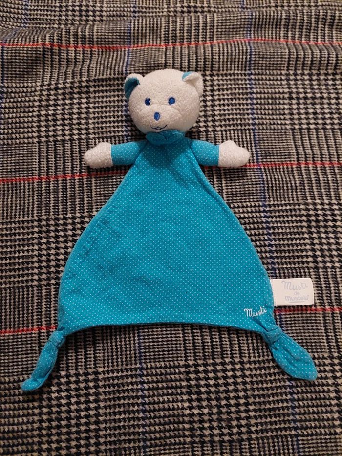 #06 Musti de mustela - doudou oursob bleu à pois