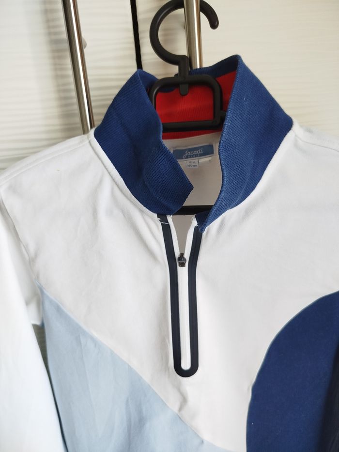 Haut polo manches longues garçon blanc bleu Jacadi 10 ans - photo numéro 2