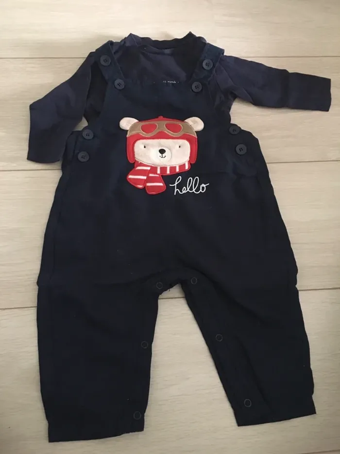 Ensemble salopette + t-shirt manches longues mes p’tits cailloux 9 mois