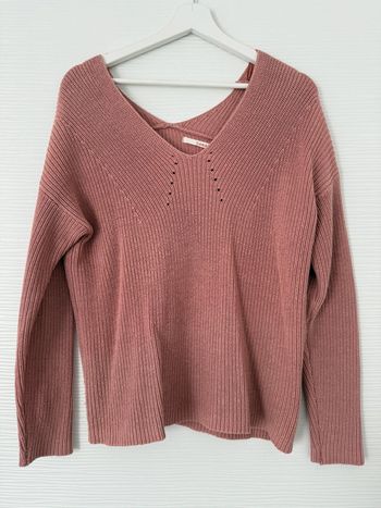 Pull d'hiver épais en maille rose poudré col V uni basique simple