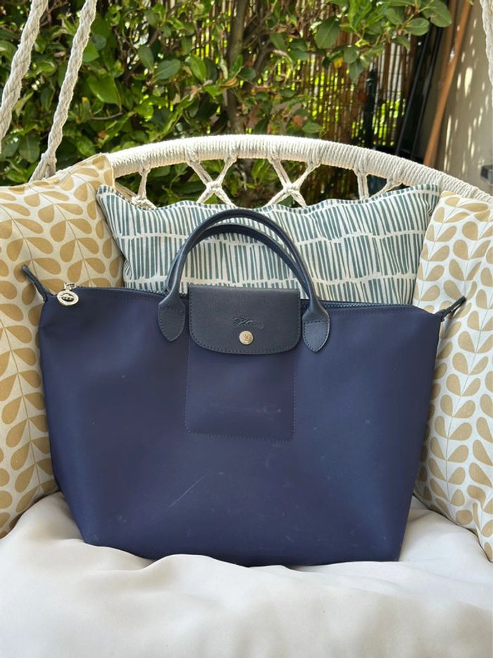 Sac Longchamp bleu marine toile et cuir