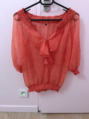 Blouse manche 3/4 fluide neuve corail pois blanc T2