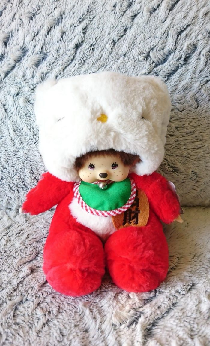 Peluche Style Monchichi Maneki Neko Rouge Chat