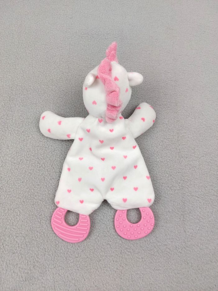 Doudou plat licorne blanc coeurs roses anneau dentition ZDT Action TTBE - photo numéro 2
