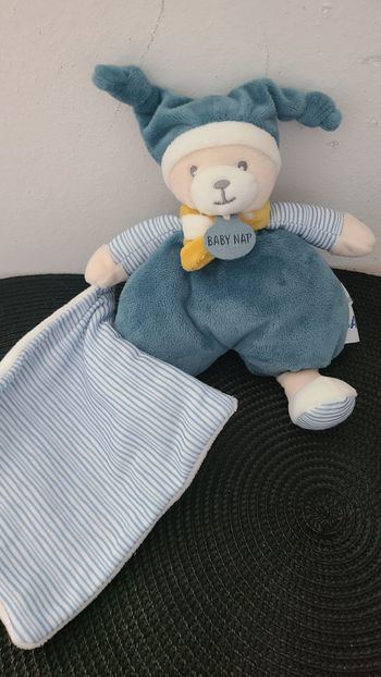 Doudou mouchoir ours BABY NAT Polochon bleu blanc