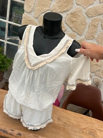 Ensemble femme bohème chic taille S M L beige crème blanc doré blouse tunique short été