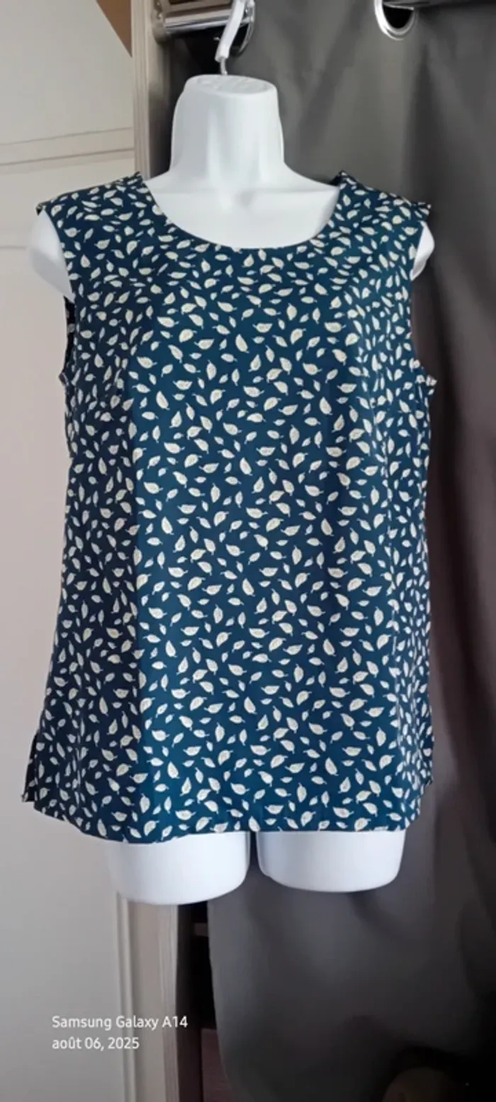 Blouse sans manches fluide col rond motif feuilles bleu femme L - photo numéro 2