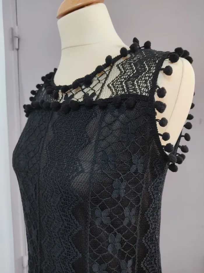 Robe courte noire dentelle pompons Vintage M TBE