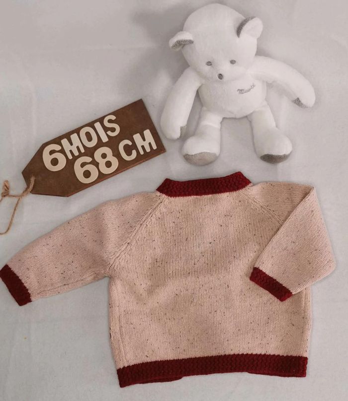 Gilet  👣  beige rosé rouge, obaïbi, laine,  6mois/67cm - photo numéro 2