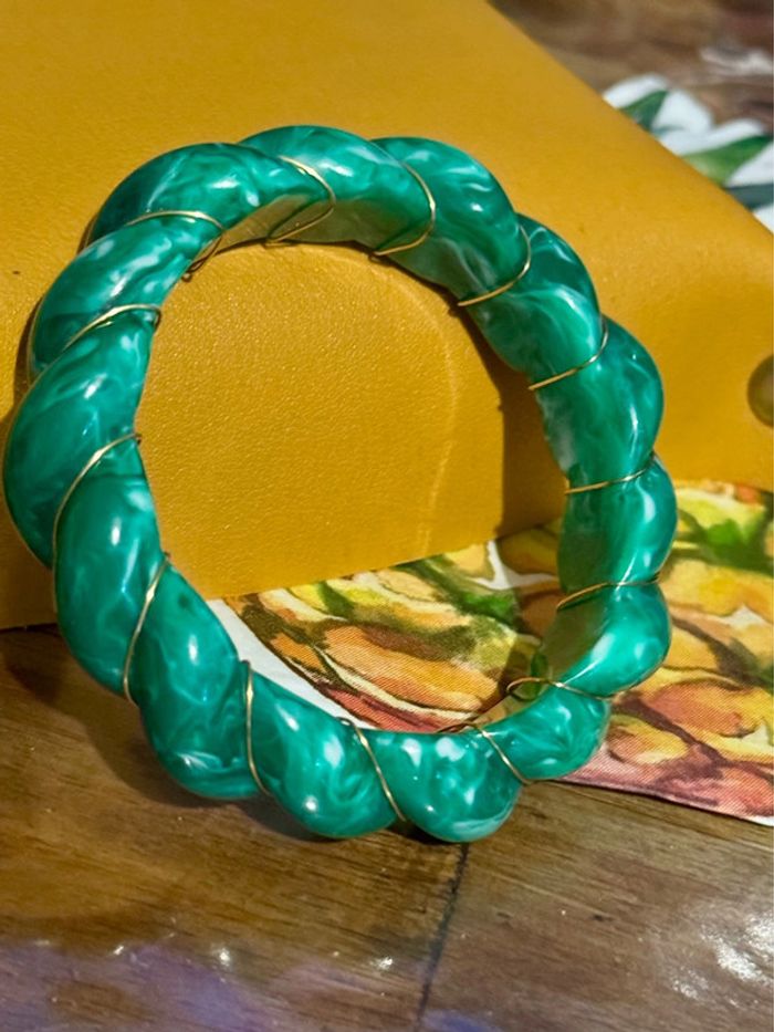 Jonc mile Mila torsades tressé résine verte reflets fils or acier inoxydable or taille M - photo numéro 6