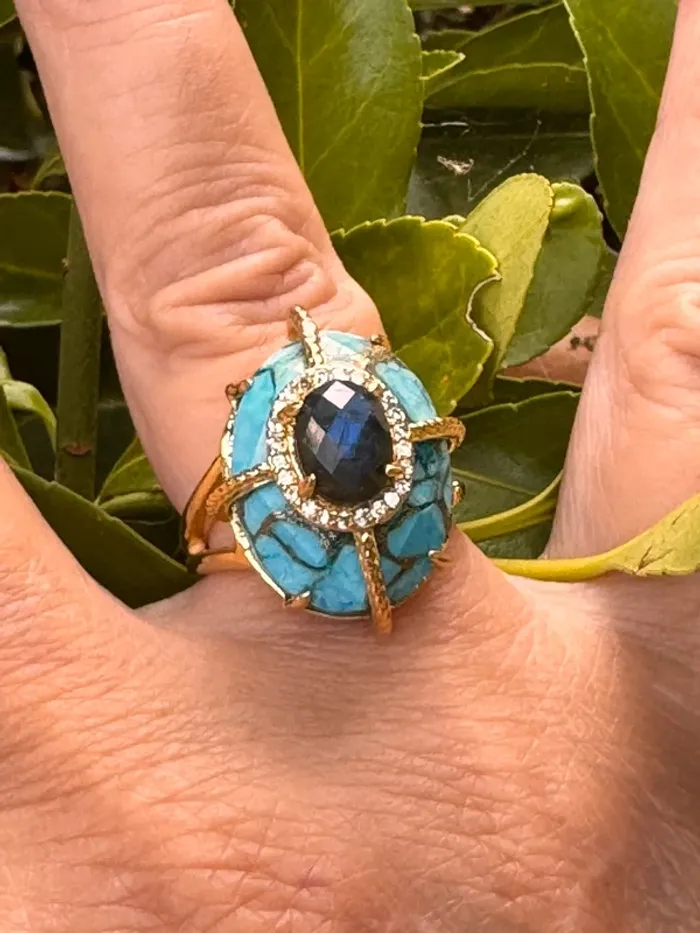 Bague habaha Paris pierres turquoise et jade bleu/reflets vert crique acier inoxydable or réglable - photo numéro 8