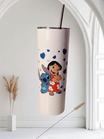 Tumbler / gobelet acier inoxydable avec couvercle, paille et brosse modèle Lilo et Stitch